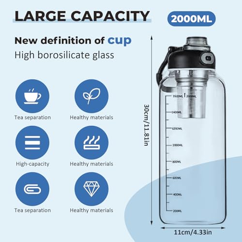 Botella de agua de vidrio de 64 oz con escala transparente e infusor extraíble 5