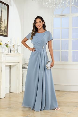 Mother of Bride Dresses for Women 2025 Scoop Neck Beaded Pleated Chiffon Classy Wedding Guest Gown with Sleeves3