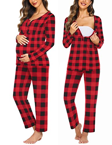 Image of Ekouaer Nursing Pajama Maternity Pajamas Labor Delivery Pjs Plaid Long Sleeve Breastfeeding Pajamas Red & Black Plaid L