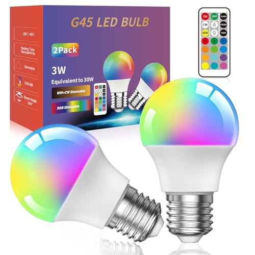 Lamptobe 3W Lámparas LED Edison Multicolores RegulablesDe Con Control Remoto,G45 E27 Bombillas Colores RGBW LED Bombilla Cambio de Color Edison,RGB + Blanco Cálido(Pack de 2)