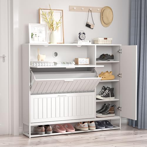 Image of White Shoe Cabinet with 4 Doors, Freestanding Tipping Bucket Shoe Rack Organizer with 2 Flip Drawers, Shoe Storage with Adjustable Storage Shelf &Top Cubby for Hallway, Closet, Living Room