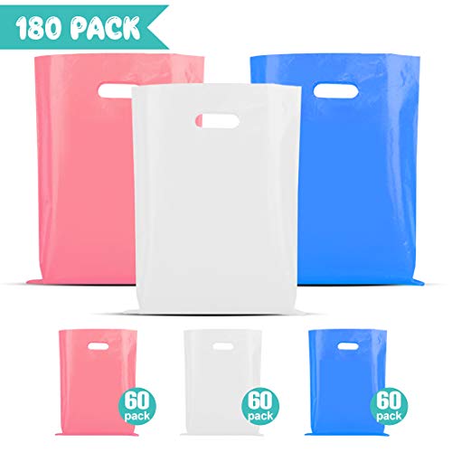OHAHA 180 PCS Merchandise Bags,Thick Sturdiness of Glossy Plastic Bags with Handles,Plastic Retail Bags,Plastic Shopping Bags,12x15 inch,White, Pink,Blue