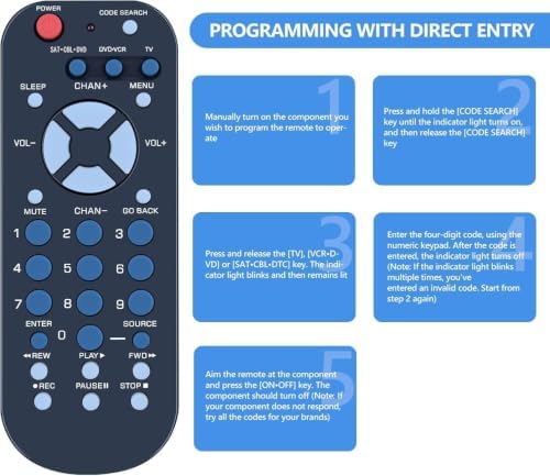 3-Device Palm-Sized Remote Control Replacement for RCA, RCR503BE Universal for Most Major Remote Brands TV, DVD or VCR, Satellite Receiver, Cable Box, Digital TV Converter - 1