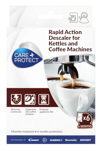 CARE + PROTECT Decalcificante per Macchina da Caffè e Bollitori, Universale, Elimina calcare e residui di Caffè e Tè, 6 Buste Monodose in Polvere