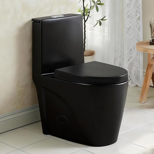 One Piece Toilet Elongated One-Piece Toilet for Bathrooms Dual Power Flush Toilet 1.1/1.6 GPF and MAP 900g Soft Close Durable Ceramic Easy-to-Clean Surface (Black)