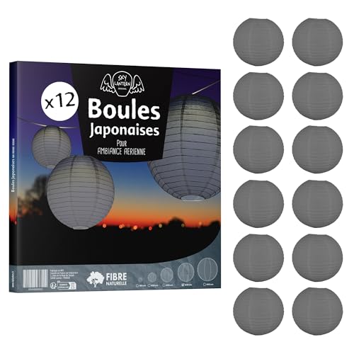 12x Lanterne Papier 40 cm Grise - Suspension Boule Papier 40 cm (12'') type Lanterne Japonaise pour Decoration Mariage - 12 pièces - Le must de la Gamme de Lampions Papier - Notice en Français.