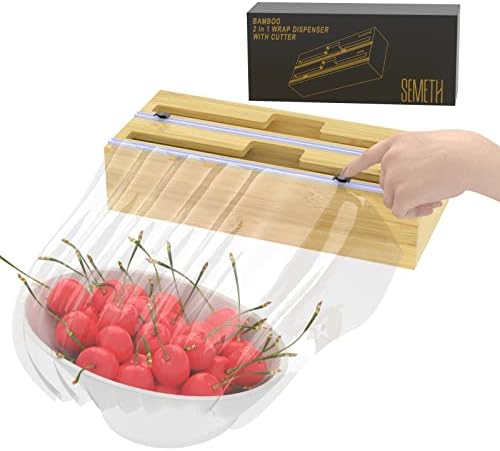Semeth Foil and Plastic Wrap Organizer, with Slide Cutter 2 in 1 Bamboo Wooden Wrap Dispenser, Kitchen Group Drawer, Suitable with 12″ Roll
