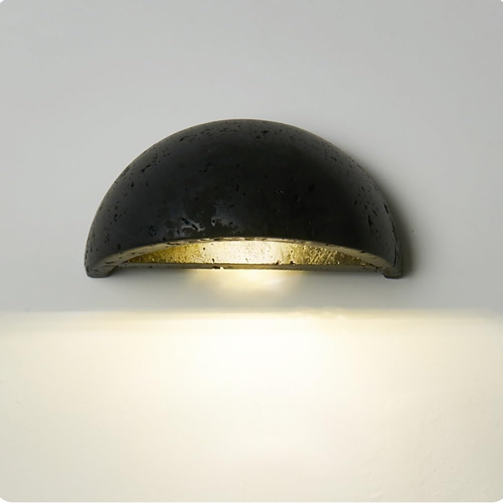 COSRUB Japanese Black Travertine Wall Sconce, Half Moon Stone Wall Lamps Fixture Minimalist Circle Arch Wall Lighting for Bedroom Bedside Living Room Stairs(3000K)