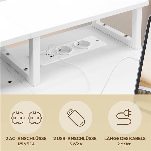 Yaheetech Schreibtisch mit 4 Schubladen & 2 Regalen, 140x68 cm Eckschreibtisch mit Monitorständer, L Form mit USB & Steckdose, Wendbarer Gaming Tisch für Büro, Arbeitszimmer, Schlafzimmer, Weiß
