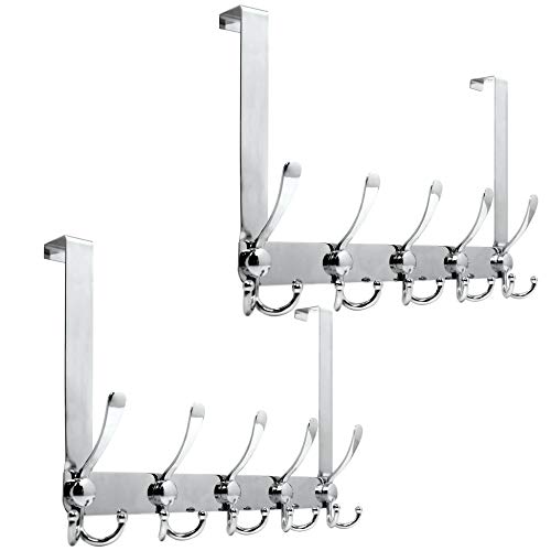 WEBI Over The Door Hook Door Hanger Hook Rack with 5 Tri Hooks for Hanging Coats, Over Door Towel Rack Door Coat Towel Hanger Over Door Coat Rack,Silver,2 Packs