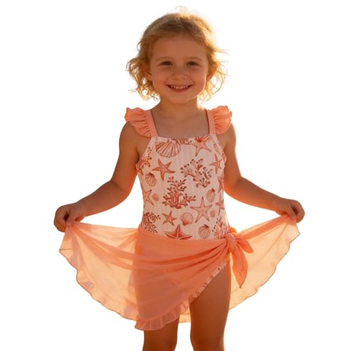 Generisch Maillot de bain 2 pièces pour fille : haut de bikini en coquillage avec jupe à volants en maille - Tenue de plage, Orange, 5-6 ans