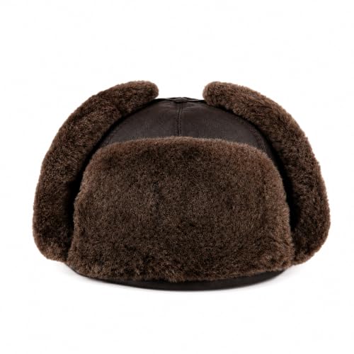 Image of Leather Aviator Russian Ushanka Trapper Shearling Sheepskin Fur Ear Flap Waterproof Winter Hat