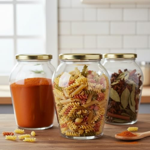 Image of ginoya brothers 1 Liter Matka Shape Glass Jar and Glass Container for Kitchen with Air Tight Lid-Pack Of 8
