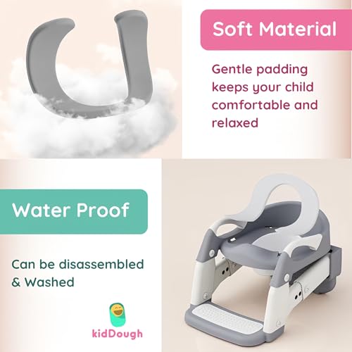 Image of KidDough Potty Training Seat with Ladder, Splash Guard, Handle and Cushion Seat, Polypropylene, Grey, Modern Style, for Kids (Potty Seat 3in 1, Grey)