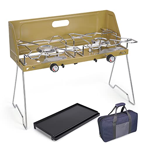 Kalaww Folding 2 Burner Propane Camping Stove & Grill Griddle,Outdoor Grills/Gas Grills/Propane Grills, Butane Fuel Adapter And Carrying Case Included #TOP29