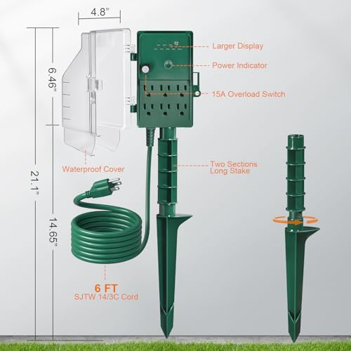 SURAIELEC Outdoor Power Stake Waterproof Dusk to Dawn Light Timer, 6 Outlet by SURAIELEC - Image 7