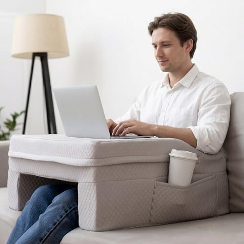 SafeSprings Laptop Pillow for Bed & Couch 24 Lap Desk with High Density Foam 16 Leg Spacing Arm Rests Side Pockets 2 Washable Covers | Gaming Reading Steam Deck Switch