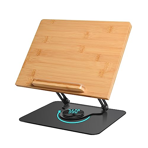 wishacc Adjustable Laptop Stand with 360 Rotating Base, Computer Stand for Laptop Ergonimic Foldable Laptop Riser for Desk Compatible with MacBook Pro/Air up to 16", Bamboo Wood(11.0 x 8.1 i