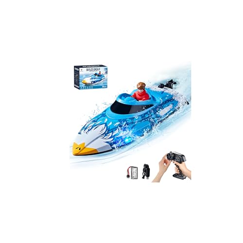25KMH RC Remote Control Boat with LED Lights, Self-Righting, Low Battery Alert, 2.4GHz, with 800 mAh Lithium battery, Waterproof Electric Fast Speed Boat for Pool & Lake, Toy for Boys Girls, Blue