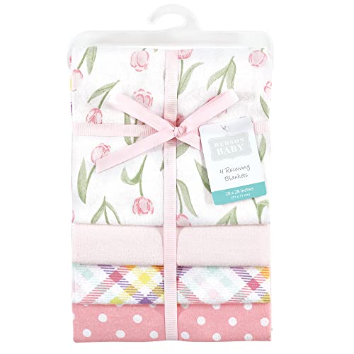 Image of Hudson Baby Unisex Baby Cotton Flannel Receiving Blankets, Pink Tulips, One Size