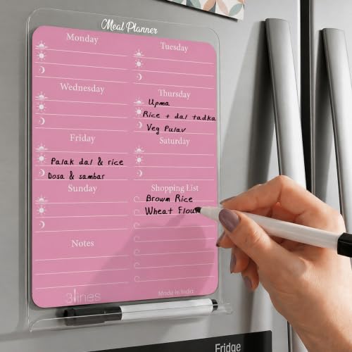 Image of 3 Lines ClearBite Acrylic Magnetic Meal Planner Board | Sleek & Durable | Includes Marker & Duster | 24x16 CM | Perfect for Meal Planning, Shopping Lists, Notes | Ideal for Home, Office | Plum