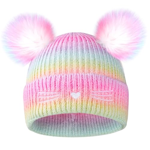 Girls Rainbow Pompom Beanies Hats, Embroidered Cat Knit Beanie Hat for Kids Snow Ski Skull Cap Age 3-14