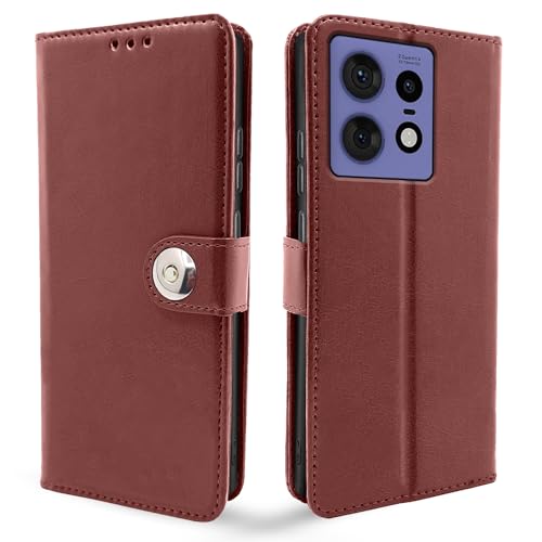 Image of Pikkme Moto Edge 50 Pro 5G Flip Cover Leather Finish | Inside TPU with Card Pockets | Wallet Stand and Shock Proof | Complete Protection Button Flip Case (Brown)