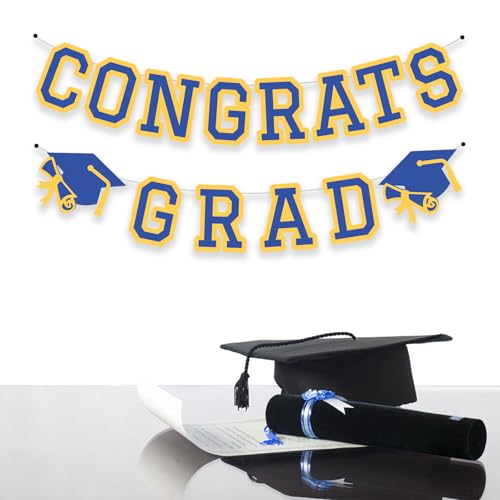Image of Congrats Grad Banner Graduation Party Banner Decoration Hanging Garland High School College Backdrop Supplies Blue Yellow