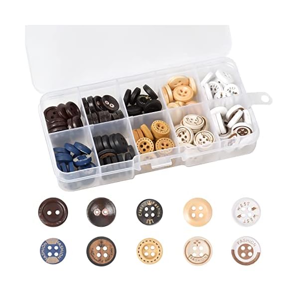 Focenat 100 Pcs wooden buttons, 13mm 12mm 11mm buttons for Crafting, 10 colors Mixed Sewing Buttons, 4 Holes 2 Holes Round Wood Button with Storage Box, Craft Buttons for Sewing DIY Crafts Knitting