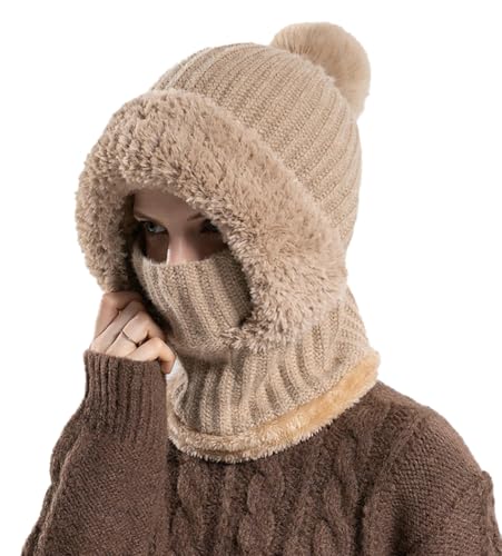 Bonnet tricoté pour femme anti-froid avec masque visage et écharpe