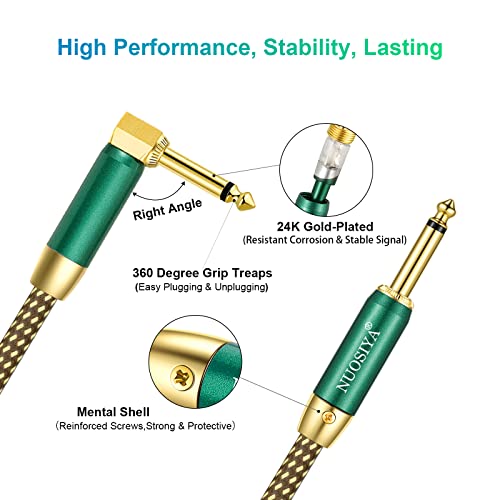 Guitar Cable 10Ft, Nuosiya Instrument Cable Amp Cord, 1/4 Inch Ts Guitar Cable Straight To Right Angle, Guitar Cord Gold Plated, Braided Brown Electric Guitar Audio Cable For Amplifier, Bass, Keyboard #TOP3