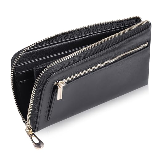 VISOUL Womens Leather Long Zip Around Clutch Wallet with Coin Pocket 12 Card Slots, Slim Thin RFID Blocking Cash Wallets for Women Large Capacity Organizer (Black and Black)