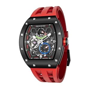 Automatic Watch for Men Mechanical Skeleton Watch, 50M Waterproof Power Reserve Mens Watches, Luxury Tonneau Red Ceramic Wristwatch, Unique Gifts for Men
