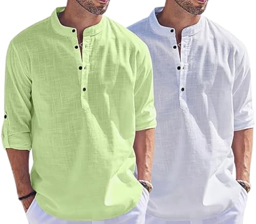 Image of Men's Cotton Blend Straight Kurta Shirt Combo with Mandarin Collar - Slim Fit Casual Short Kurti Set Featuring Textured Slub Fabric and Roll-Up Full Sleeves