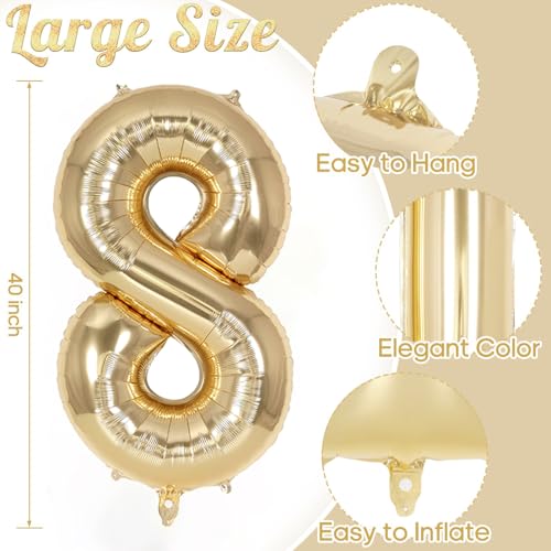 Image of Champagne Gold Large Number 8 Balloon, 40 Inch Light Gold Foil Helium Number Balloons, Giant Mylar Number 8 Balloons for 8 Years Old Birthday Party Anniversary Decorations
