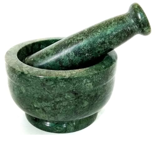 Image of Green Marble Mortar and Pestle Set for Kitchen & Ayurveda | Heavy Duty Hand Grinder for Spices, Herbs, and Pills | Traditional Stone Manual Masher | 4-Inch Mortar Crusher for Home Use