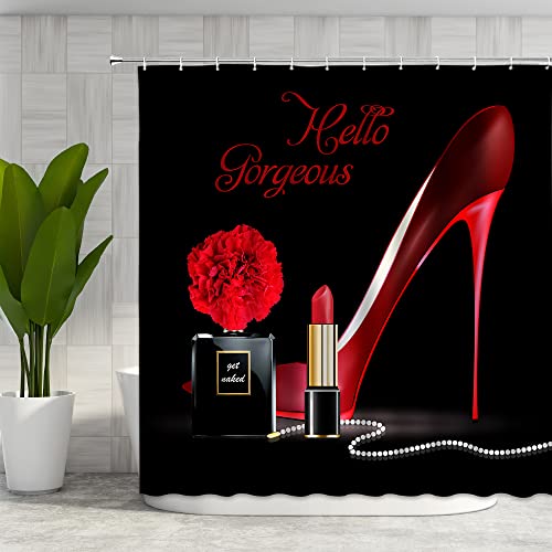 Vpupcn Red High Heel Shower Curtain Hello Gorgeous Black Perfume Flower Lipstick Fashion Makeup Romantic Woman Girls Polyester Curtains Bathroom Decor With Hooks 70Wx70H Inch #TOP2