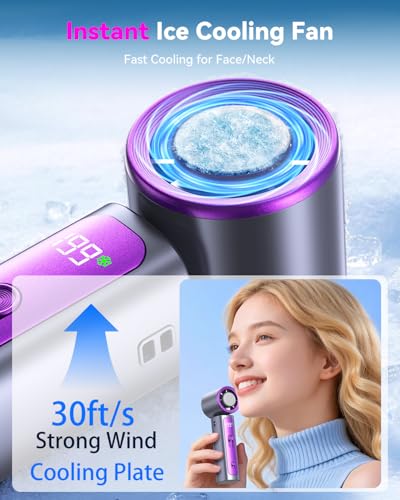 Image of DRORION Portable Mini Fan with Ice Cooling Function, 199 Speed Adjustable Handheld Fan, Rechargeable Personal Fan with Digital Display, Quiet Desk Fan for Travel, Office, Outdoor, Summer,Grey