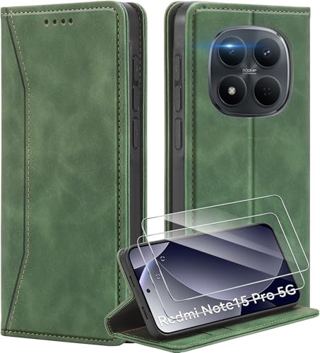 Deisyzy Lederhülle für Xiaomi Redmi Note 15 Pro 5G (Nicht für 4G) Hülle mit 2 Schutzfolie Premium Leder Handyhülle Kartenfach Klapphülle Standfunktion Flip Wallet Hülle (6.83 Zoll)- Schwarz - Grün