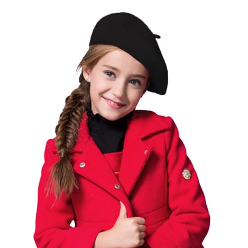Image of Kids Wool Blend Beret Hat French Style Beanie Cap Solid Color Artist Beret Hat Girls Boy Autumn Winter Warm Cap Black
