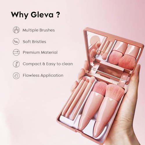 Image of Gleva Travel Size Mini Makeup Brushes Set with Mirror Small Complete Function Cosmetic 5 Pcs Brushes Kit Case Apply to Face Foundation Powder Concealers Eyebrow Eyeshadow (Rose Red)