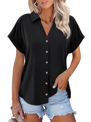 ORANDESIGNE Women's Short Sleeve Polo Tops Summer Button Down Collared T Shirts Casual Cute Ladies Tees