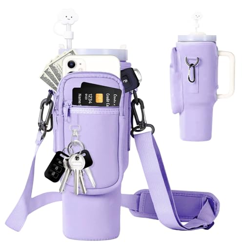 Sykrawki Tasche für Stanley Cup 40oz - Tragetasche mit Handyfach Karabiner & verstellbarem Schultergurt - Ideal für Reisen Wandern Laufen & Radfahre (Lila)