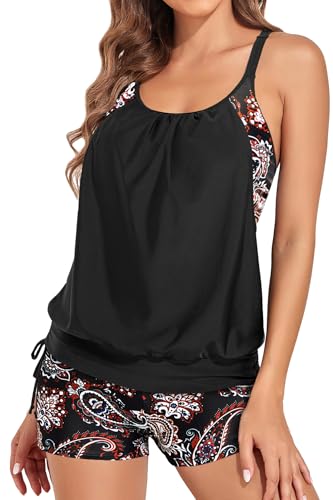 Image of Holipick Blouson Tankini Swimsuits for Women - Two Piece Tummy Control Bathing Suit with Shorts Modest Swimwear