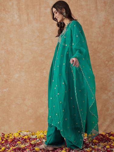 Image of SheWill Women's Vichitra Zari Sequence Embroidery Alia Cut Kurta with Palazzo Dupatta Set