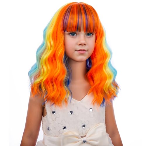 Image of PATTNIUM Kids Colorful Wig with Bangs Short Girls Multi Color Wavy Curly Wig Rainbow Bob Wigs Synthetic Halloween Costume Wigs