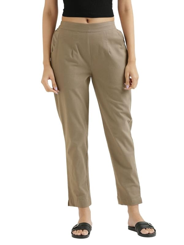 Image of SAADAA Women Cotton Pant Regular Slim Fit Mid Rise Trouser, Pocket Pants for Office School Formal Casual Daily Use