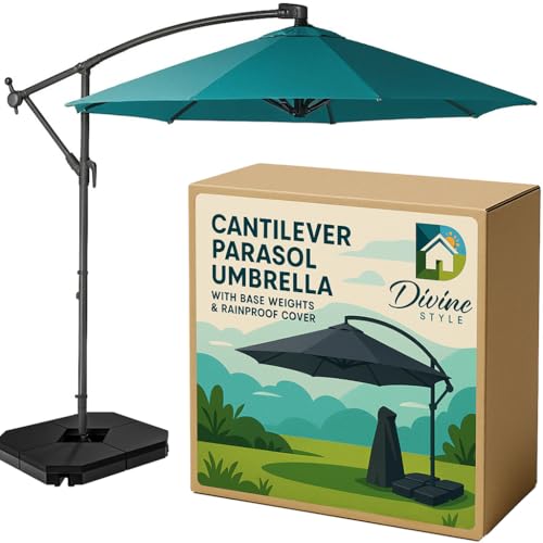 Divine Style 3M Cantilever Parasol with Base Weights Included and Free Waterproof Cover. The Perfect Garden Umbrella Parasol with Superb Stability, Versatility and Sun Shades for Garden