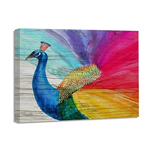Peinture à l'huile plumes de paon coloré sur châssis en bois noble pour décoration raffinée