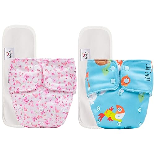 Image of Mylo Leak Proof Baby Cloth Diaper Combo (2 Diaper & 2 Inserts) for 3 Months to 3 Years Babies | Oeko Tex Certified Washable & Reusable Baby Cloth Diaper | Free Size - Cherry Blossom and Pet Love